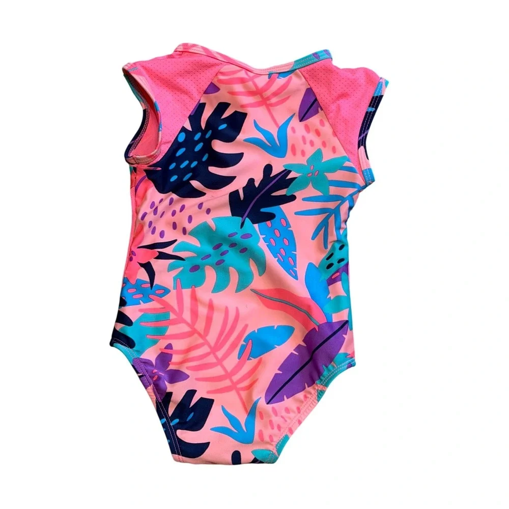 Toddler 2T Girl Bright Pink Tropical Leaf One Piece Swimsuit Snap Bottom